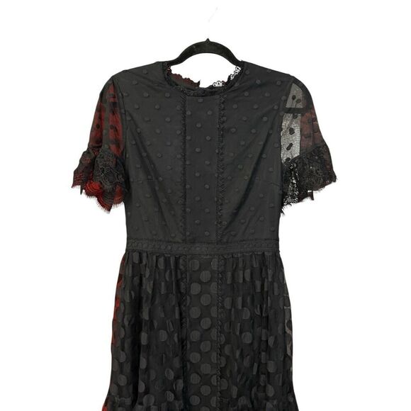 Saloni Lace-Trimmed Polka Dot Tulle Midi Dress Black sz 6 US - Picture 8 of 16